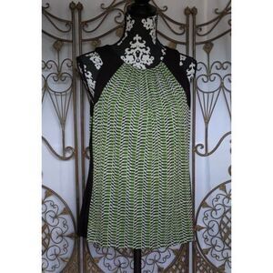 Worthington Women’s Sleeveless Top L Green Black White Geometric Crew Stretch‎